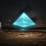 Illustration symbolique de l’évolution humaine vers un savoir mystérieux représenté par une pyramide lumineuse.