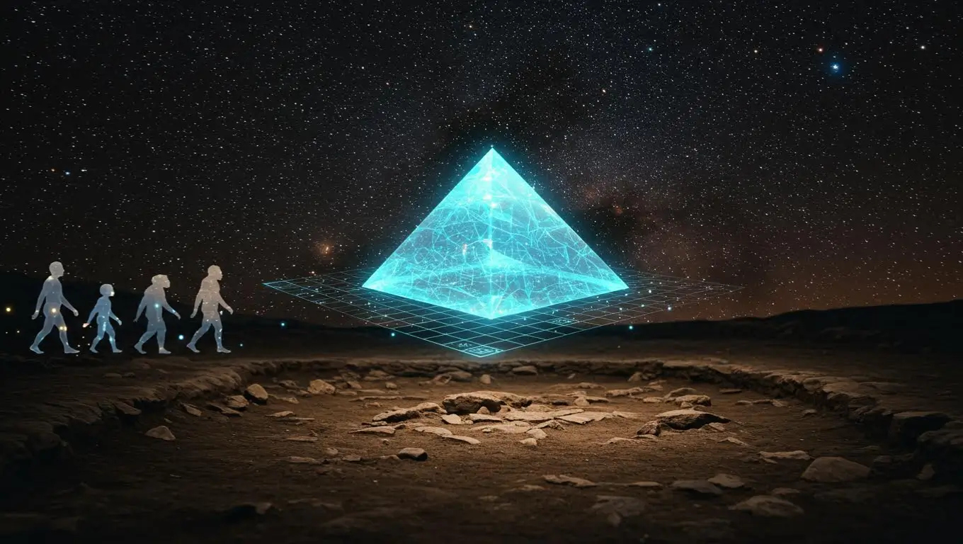 Illustration symbolique de l’évolution humaine vers un savoir mystérieux représenté par une pyramide lumineuse.