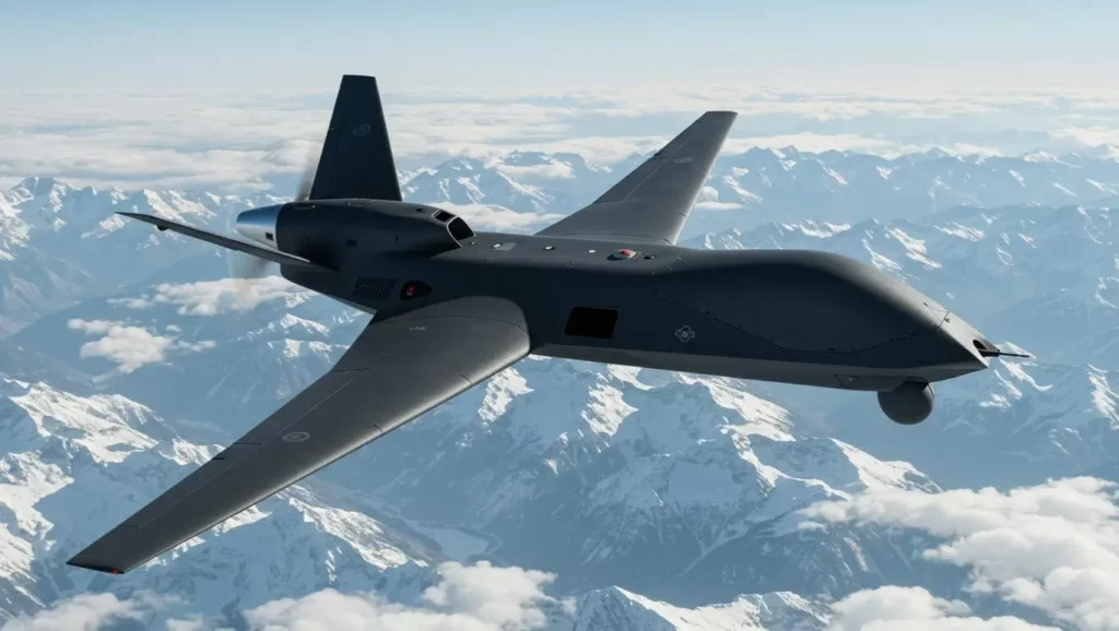 Drone militaire furtif en vol au-dessus de montagnes enneigées, représentant les nouvelles technologies aériennes autonomes