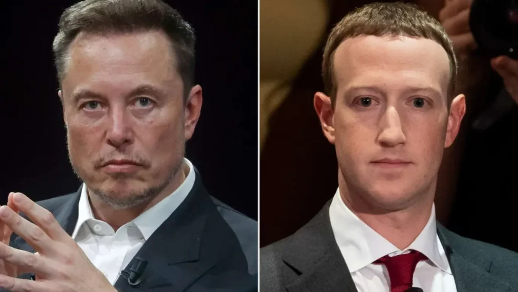 Portraits côte à côte d’Elon Musk et Mark Zuckerberg, symbolisant leur rivalité sur l’intelligence artificielle.