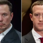 Portraits côte à côte d’Elon Musk et Mark Zuckerberg, symbolisant leur rivalité sur l’intelligence artificielle.