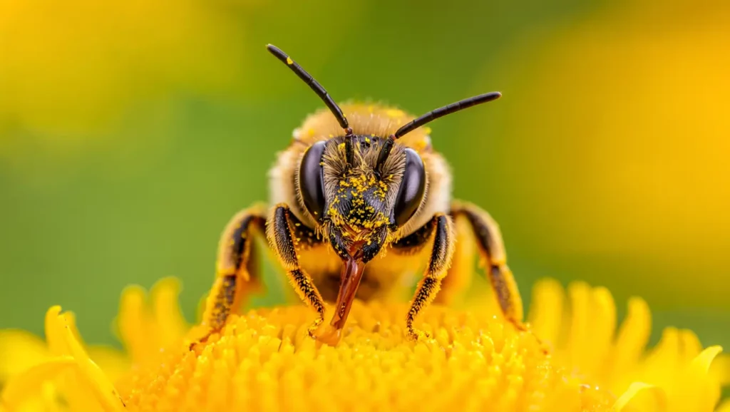Gros plan sur une abeille sauvage recouverte de pollen en train de butiner une fleur.