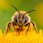 Gros plan sur une abeille sauvage recouverte de pollen en train de butiner une fleur.