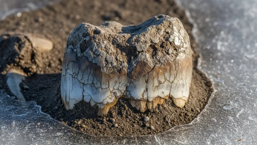 Gros plan sur une dent fossilisée de mammouth partiellement enfouie dans le sol gelé.