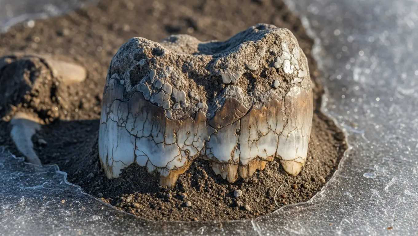 Gros plan sur une dent fossilisée de mammouth partiellement enfouie dans le sol gelé.
