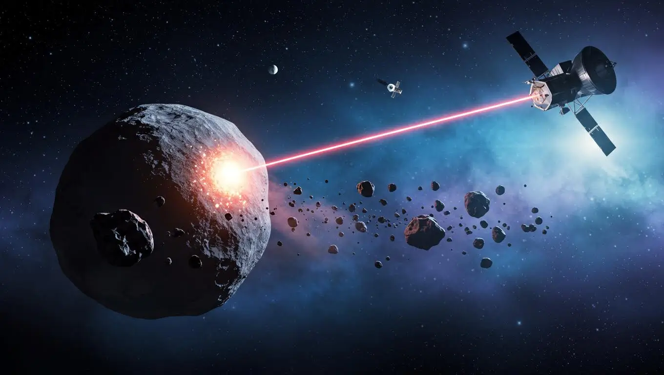 Illustration d’un satellite utilisant un rayon laser pour frapper un astéroïde et tenter de modifier sa trajectoire.