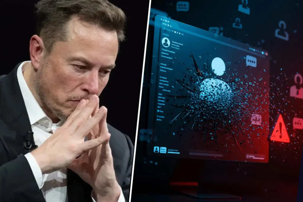 Montage montrant Elon Musk préoccupé à gauche et une illustration de données personnelles explosant sur un écran d’ordinateur à droite.