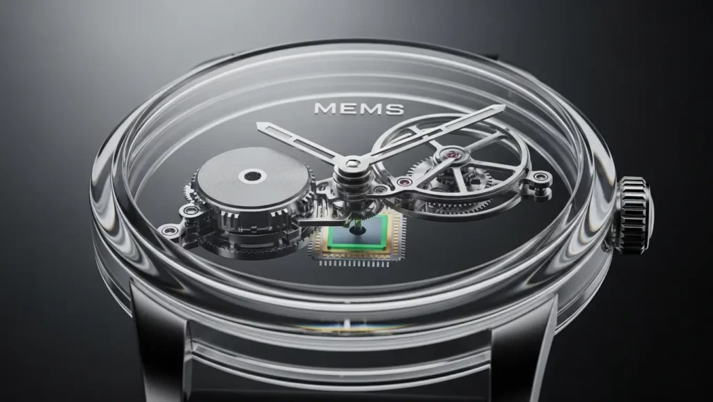 Gros plan sur une montre innovante fonctionnant grâce à un micromoteur en silicium, sans engrenages ni ressorts.
