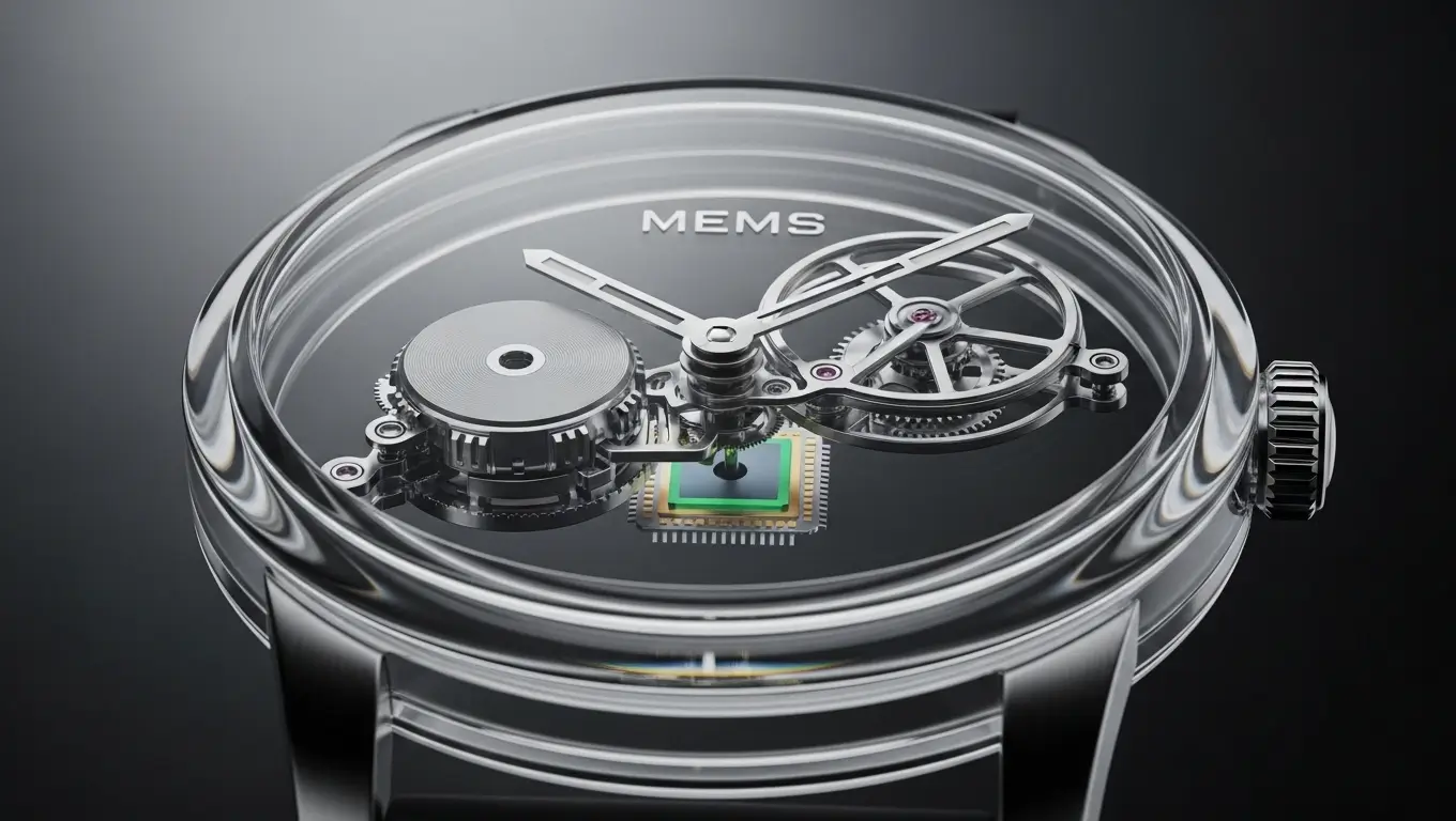 Gros plan sur une montre innovante fonctionnant grâce à un micromoteur en silicium, sans engrenages ni ressorts.