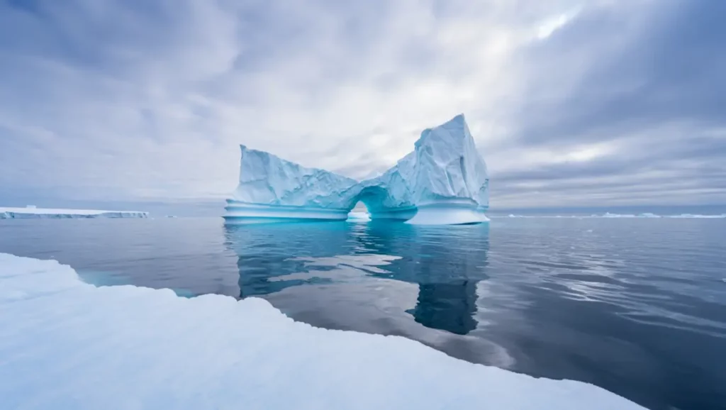 Iceberg au Groenland reflété dans l’eau, symbole d’un environnement extrême et fragile.