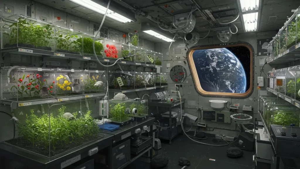 Laboratoire spatial avec cultures de plantes sous serre et vue de la Terre par le hublot