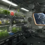 Laboratoire spatial avec cultures de plantes sous serre et vue de la Terre par le hublot