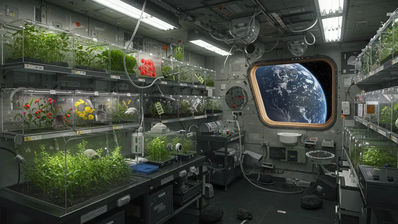 Laboratoire spatial avec cultures de plantes sous serre et vue de la Terre par le hublot