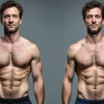 Deux jumeaux torse nu comparant leur physique après des régimes alimentaires différents.