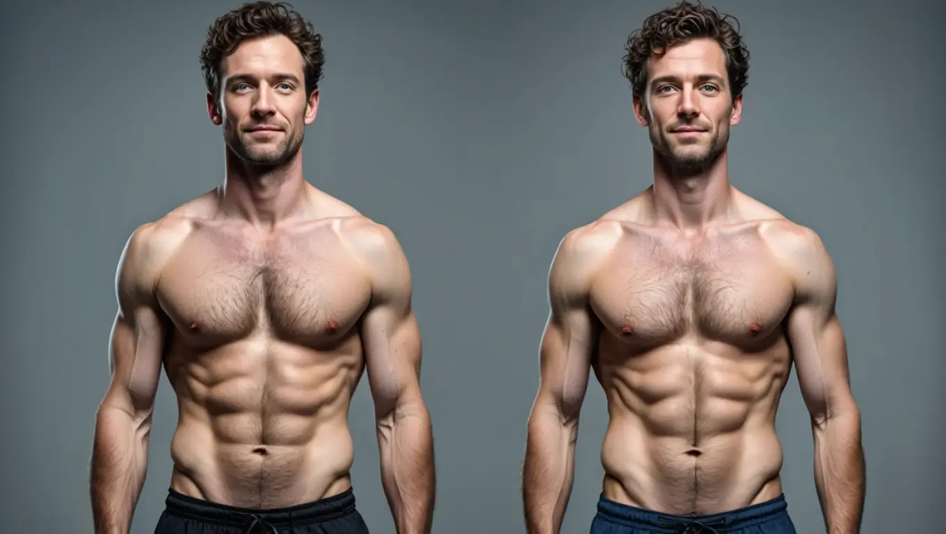 Deux jumeaux torse nu comparant leur physique après des régimes alimentaires différents.