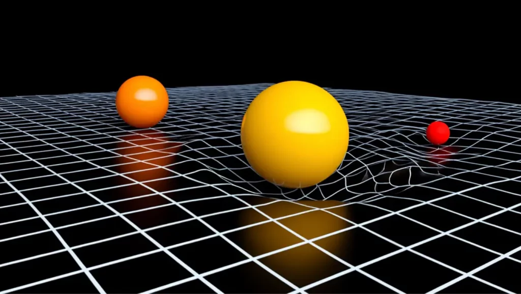 Illustration de l’espace-temps déformé par des sphères colorées représentant des masses gravitationnelles.