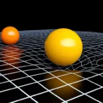 Illustration de l’espace-temps déformé par des sphères colorées représentant des masses gravitationnelles.