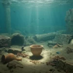 Ruines sous-marines près d’Alexandrie avec une coupe antique gravée au premier plan