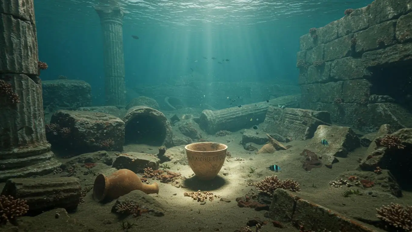 Ruines sous-marines près d’Alexandrie avec une coupe antique gravée au premier plan