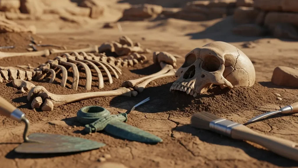Squelette ancien et outils en pierre découverts lors d’une fouille archéologique dans le désert.