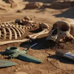 Squelette ancien et outils en pierre découverts lors d’une fouille archéologique dans le désert.
