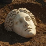 Tête en marbre antique représentant le visage d’une jeune femme découverte lors de fouilles archéologiques.