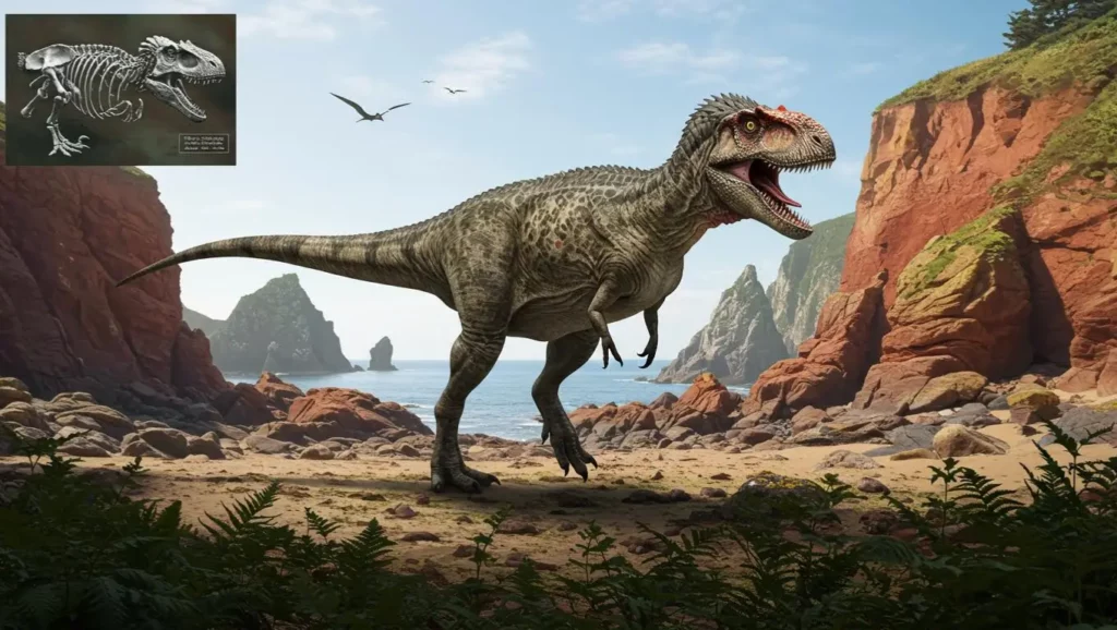 Illustration réaliste du dinosaure Newtonsaurus sur une plage rocheuse avec fossile en encadré