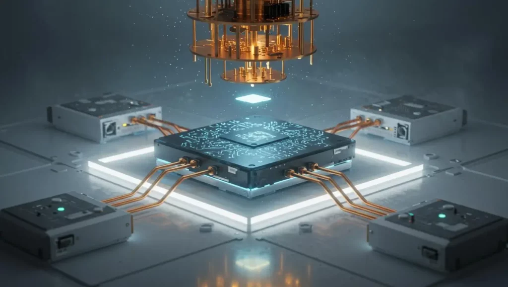 Illustration d’un processeur d’ordinateur quantique en silicium relié à plusieurs modules avec des câbles de refroidissement et de contrôle