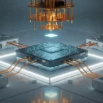 Illustration d’un processeur d’ordinateur quantique en silicium relié à plusieurs modules avec des câbles de refroidissement et de contrôle