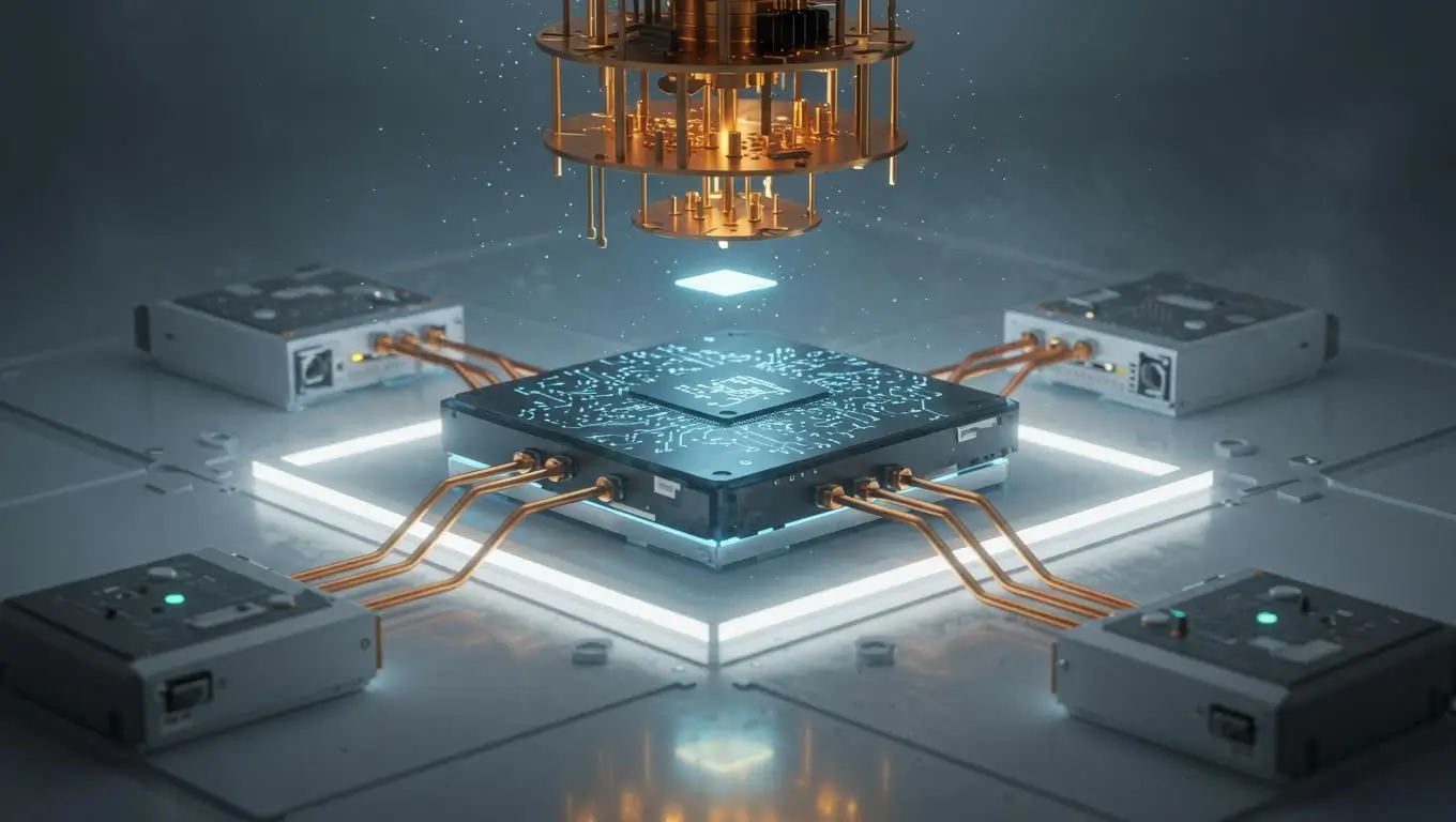 Illustration d’un processeur d’ordinateur quantique en silicium relié à plusieurs modules avec des câbles de refroidissement et de contrôle