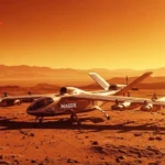 Illustration d’un avion solaire de la NASA nommé MAGGIE posé sur le sol martien sous un ciel orangé.