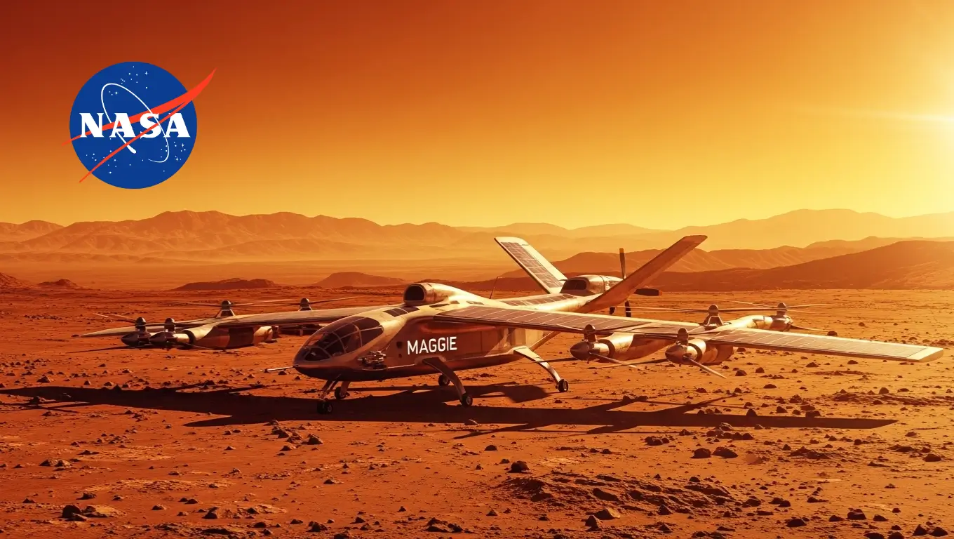 Illustration d’un avion solaire de la NASA nommé MAGGIE posé sur le sol martien sous un ciel orangé.