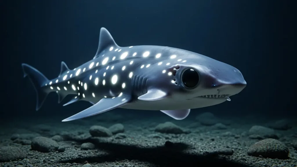 Illustration d’un requin fantôme bioluminescent évoluant dans les profondeurs marines.