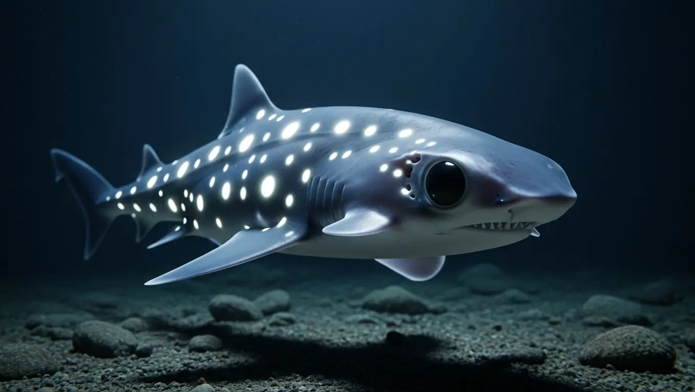 Illustration d’un requin fantôme bioluminescent évoluant dans les profondeurs marines.