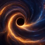 Illustration artistique d’un trou noir avec un disque lumineux de matière en rotation.