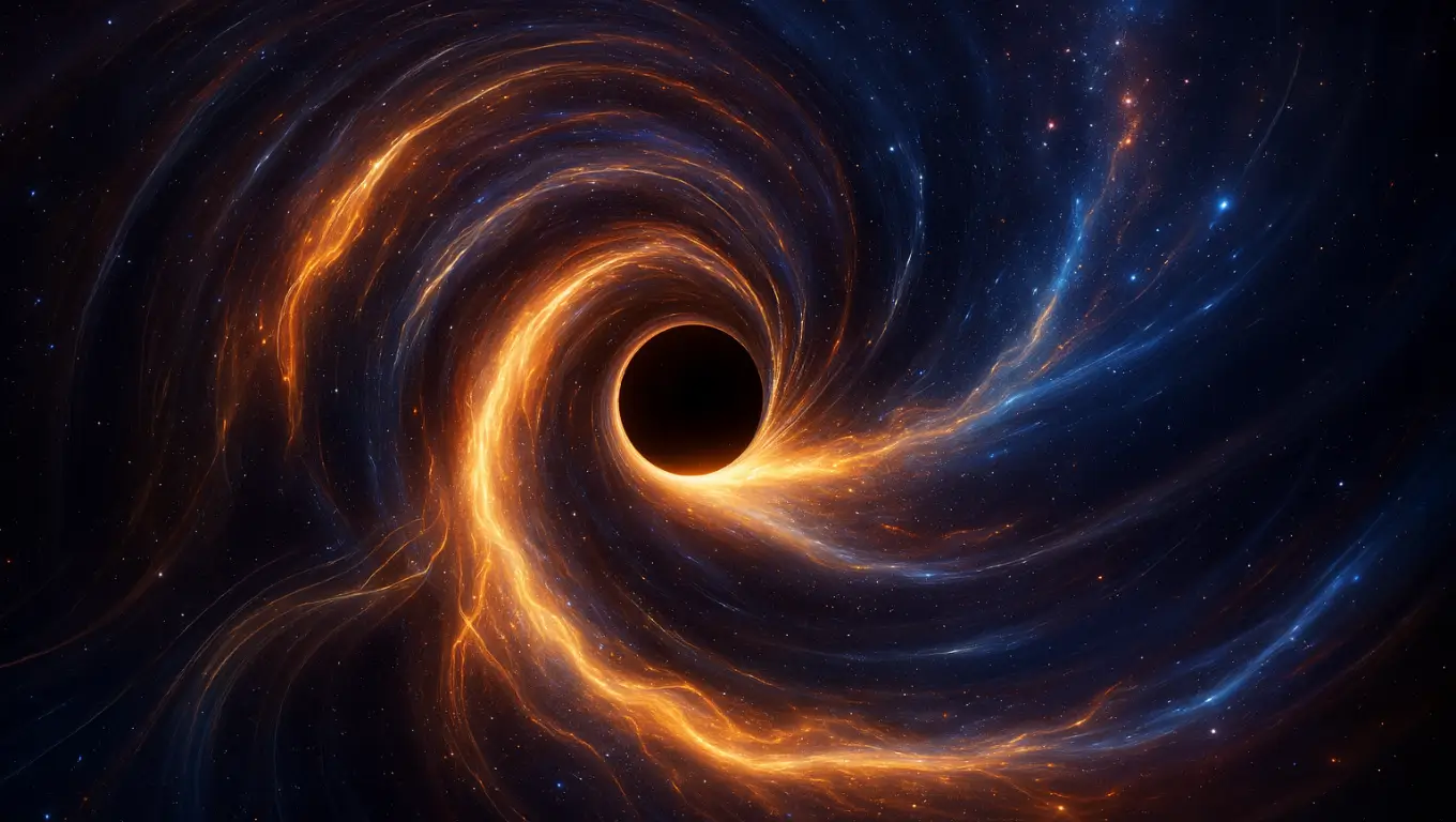 Illustration artistique d’un trou noir avec un disque lumineux de matière en rotation.