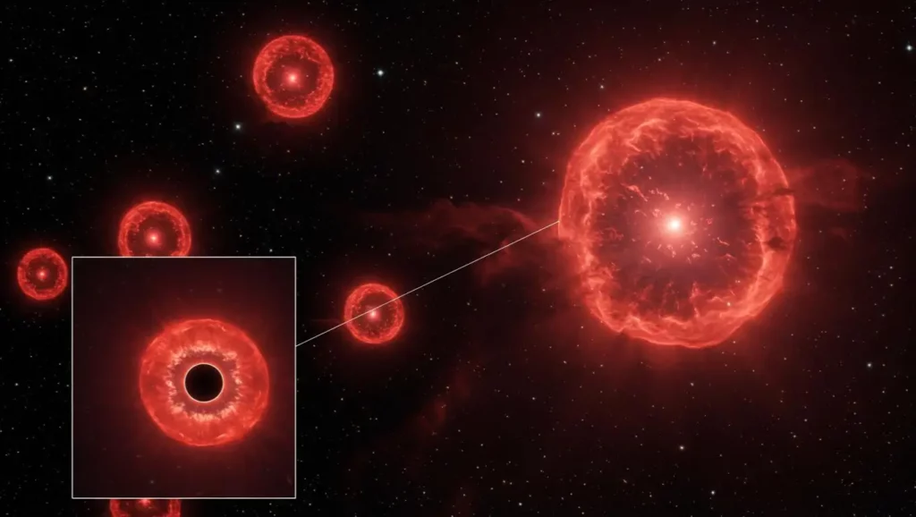 Illustration du télescope James Webb montrant les mystérieux points rouges dans l’Univers, associés à d’immenses sphères de gaz entourant des trous noirs.