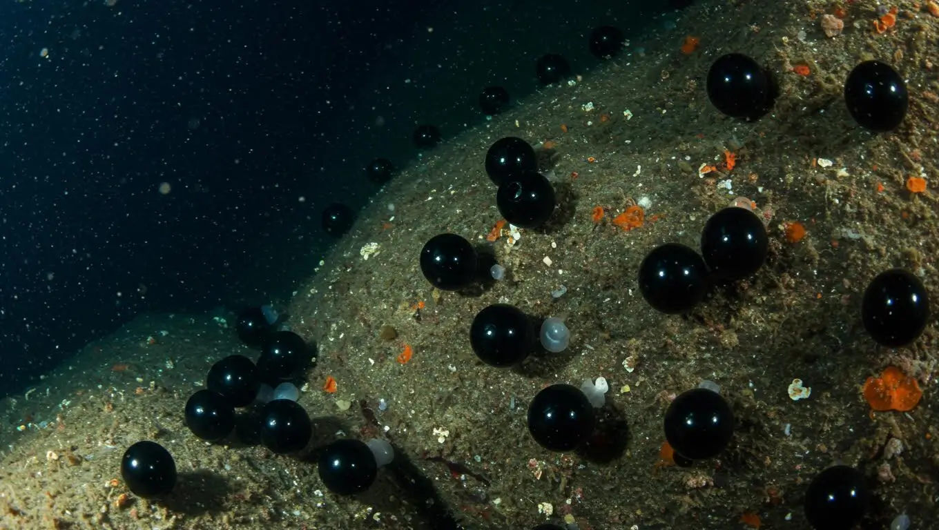 Des sphères noires ressemblant à des œufs, découvertes au fond de l’océan dans un environnement extrême.