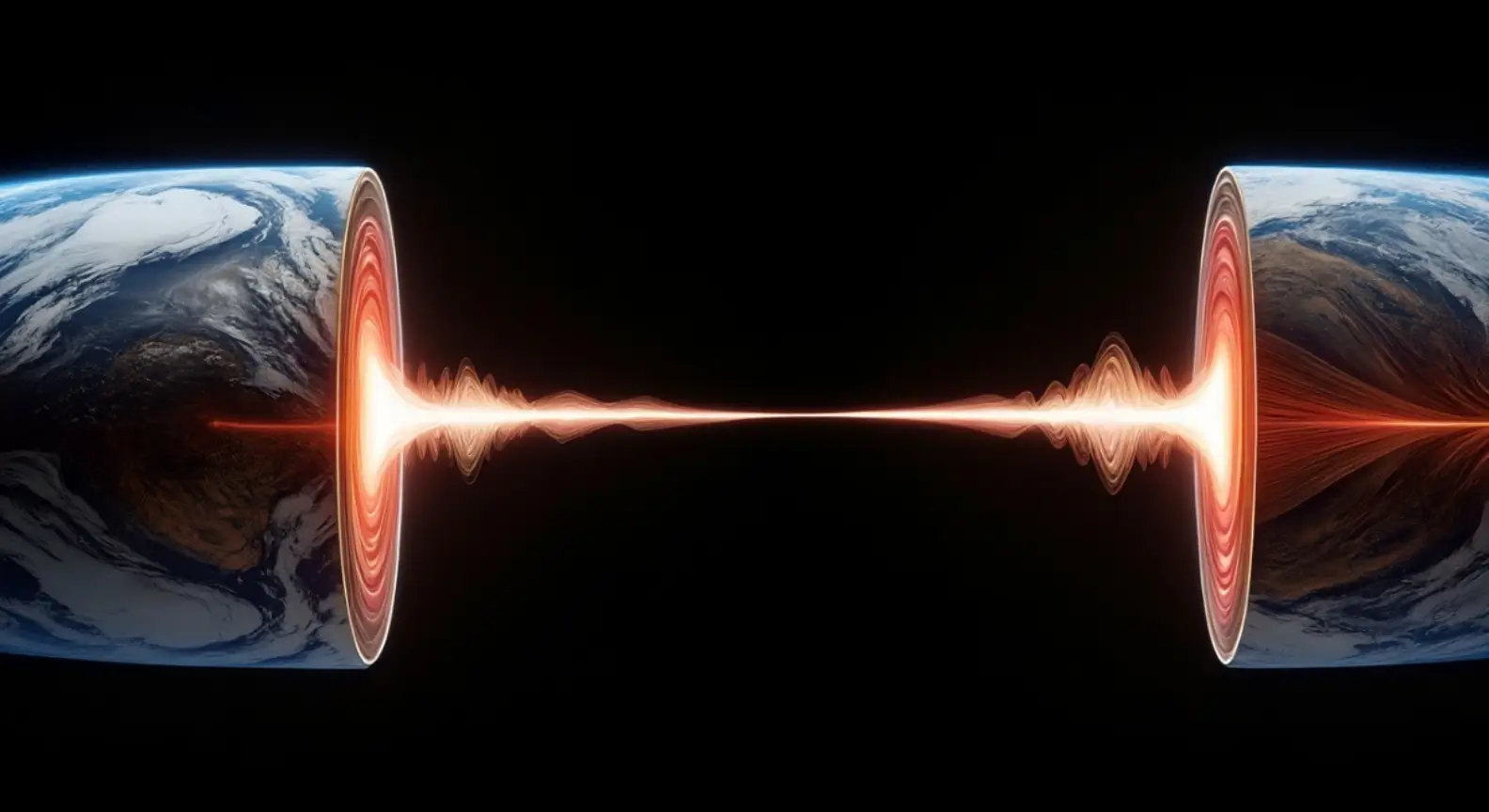 Illustration de la Terre sectionnée laissant apparaître son noyau et une onde énergétique traversant son centre.