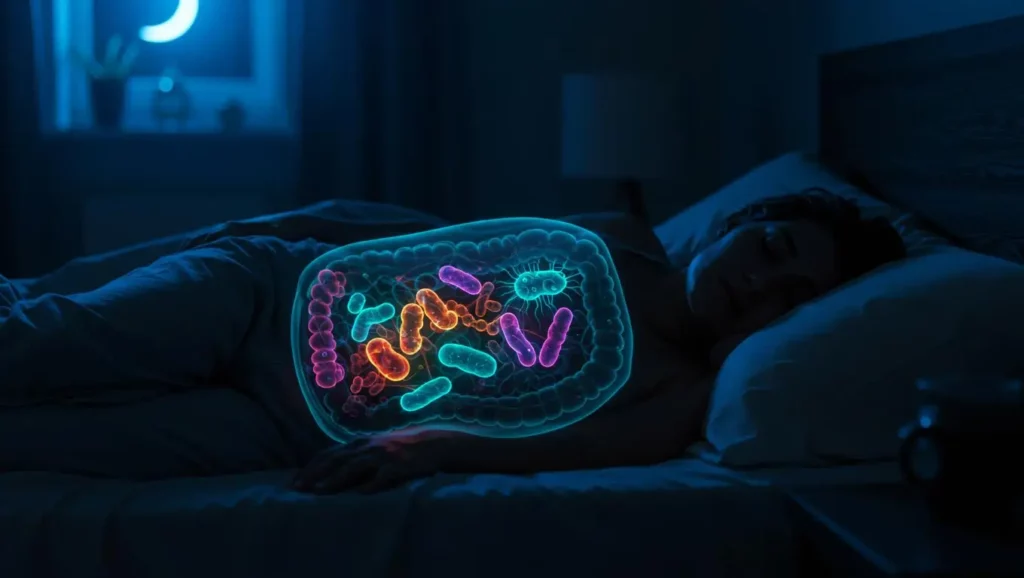 Illustration montrant une femme dormant avec une visualisation lumineuse de bactéries intestinales colorées dans son système digestif.
