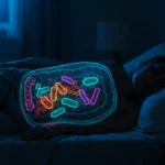 Illustration montrant une femme dormant avec une visualisation lumineuse de bactéries intestinales colorées dans son système digestif.