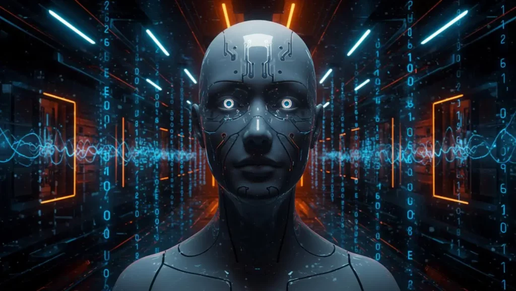 Visage humanoïde robotique dans un couloir numérique avec flux de données et lumières futuristes représentant l’intelligence artificielle