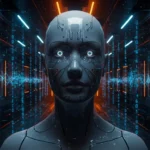 Visage humanoïde robotique dans un couloir numérique avec flux de données et lumières futuristes représentant l’intelligence artificielle