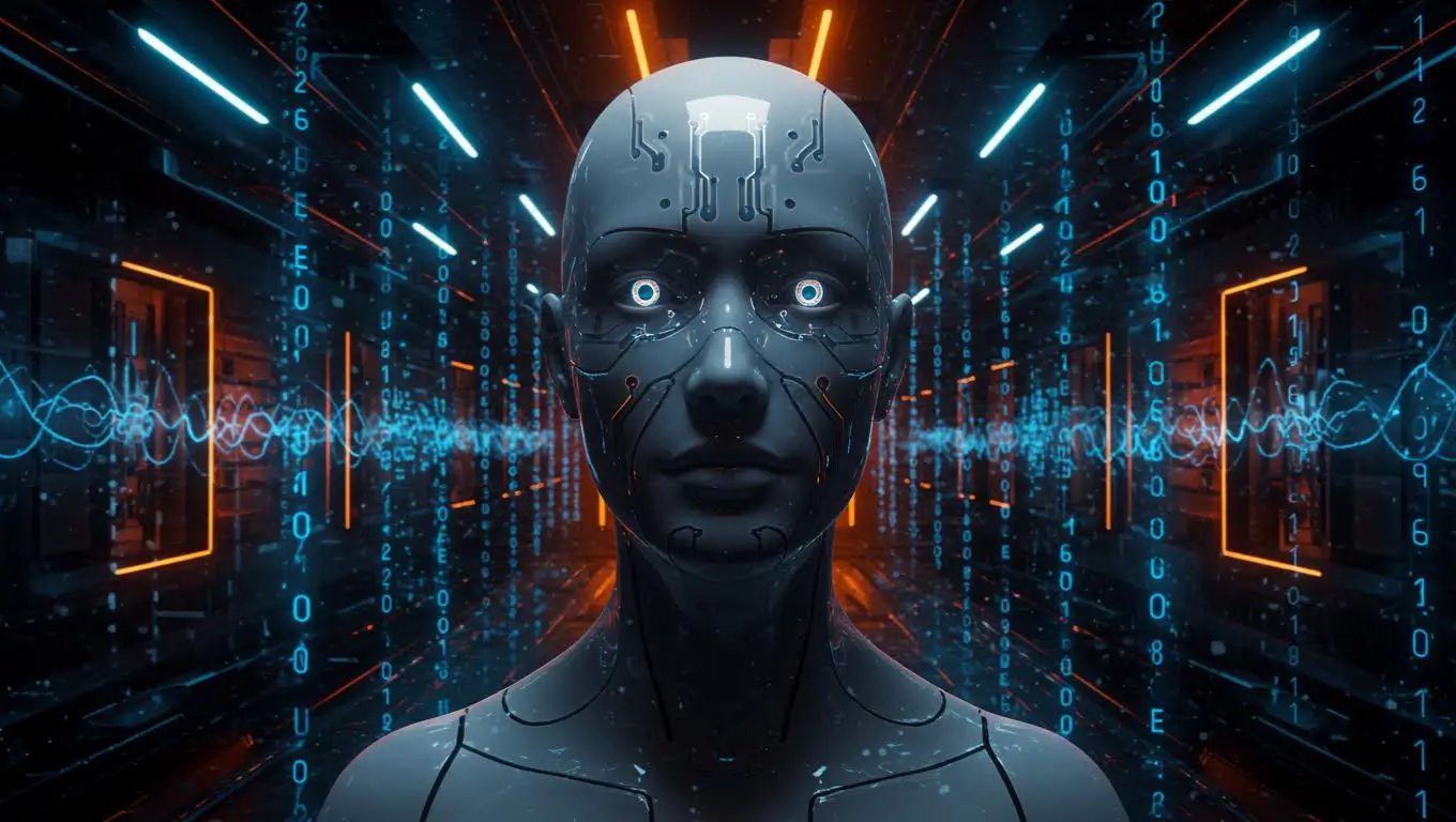 Visage humanoïde robotique dans un couloir numérique avec flux de données et lumières futuristes représentant l’intelligence artificielle