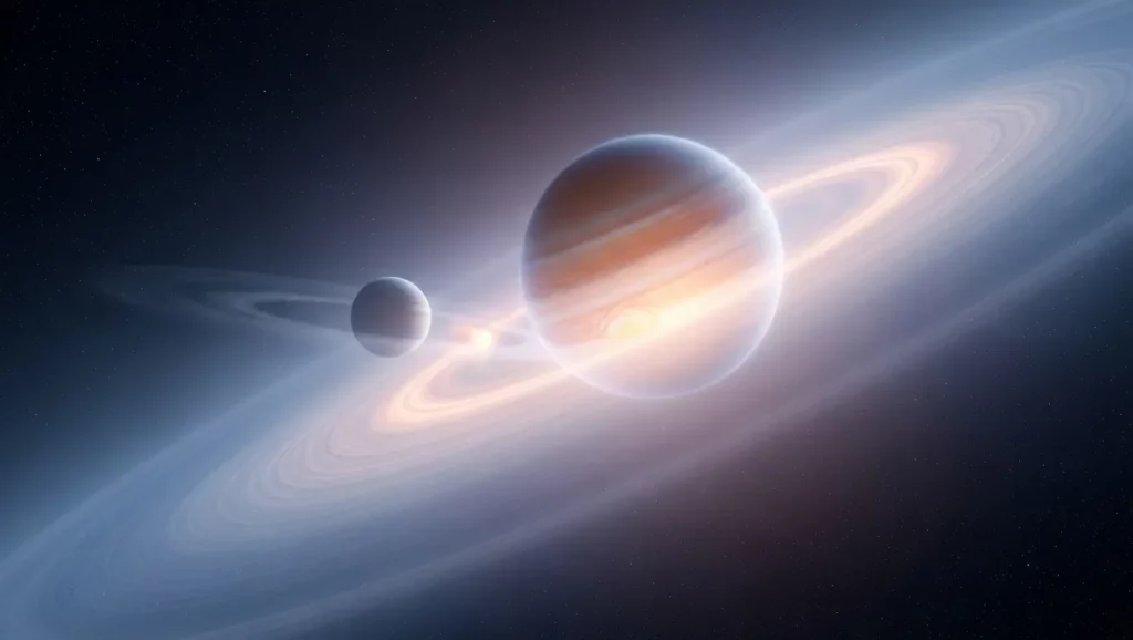 Illustration artistique de Jupiter entourée de ses anneaux et d’une lune en arrière-plan.