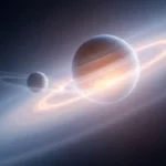 Illustration artistique de Jupiter entourée de ses anneaux et d’une lune en arrière-plan.