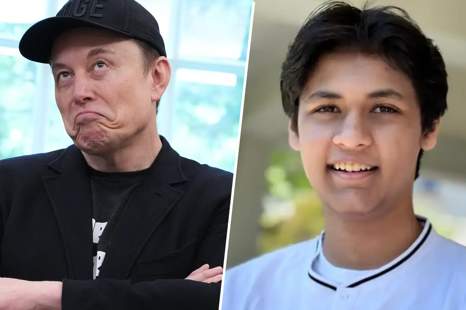 Montage montrant Elon Musk à gauche et le jeune prodige Kairan Quazi souriant à droite.