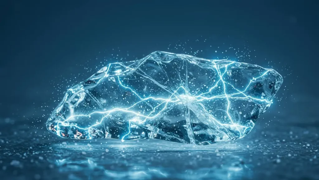 Bloc de glace translucide traversé d’éclairs lumineux bleus symbolisant la génération d’électricité.
