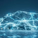Bloc de glace translucide traversé d’éclairs lumineux bleus symbolisant la génération d’électricité.