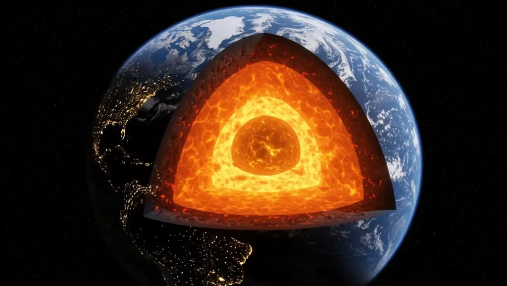Schéma illustré des couches internes de la Terre avec son noyau en fusion.